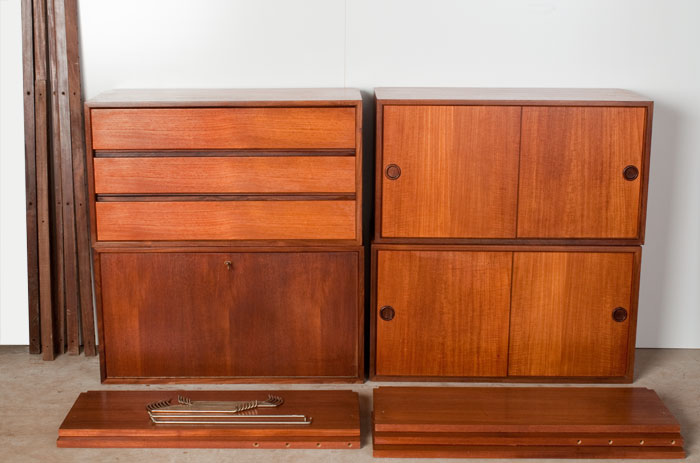 2 x 2 sliding door cabinets, set of 3 drawers, drop bown drinks cupboard/desk, 5 shelves & brackets